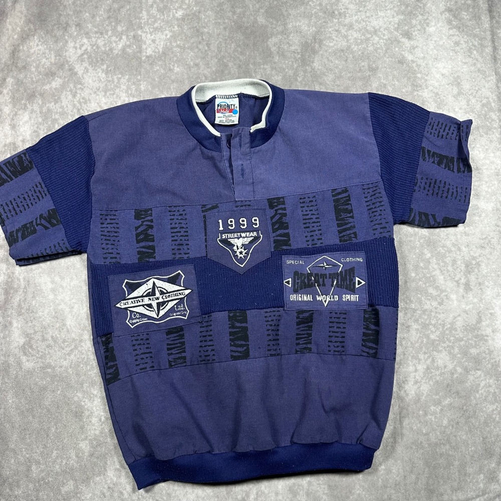 Vintage 90s Priority Male Streetwear Henley Shirt Blue Graphic Patch Boys 14/16